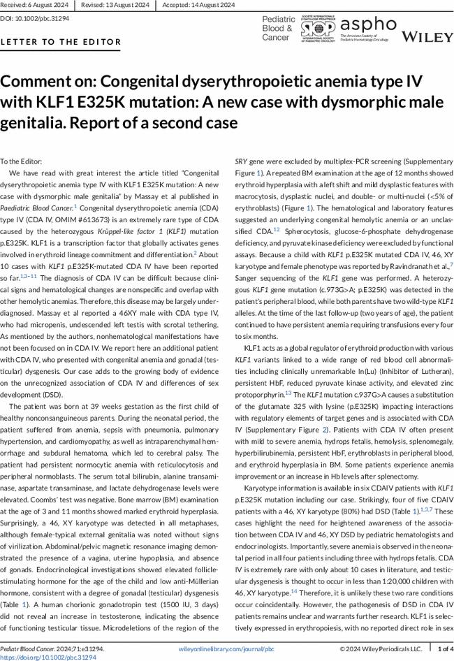 Comment on: Congenital dyserythropoietic anemia type IV with KLF1 E325K mutation: A new case with dysmorphic male genitalia. Report of a second case