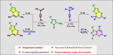 p-TSA catalyzed 6-endo-trig/dig cyclization of 5-aminopyrazoles and 3°/2°-propargylic alcohols: access to pyrazolo[1,5-a]dihydropyrimidines and pyrazolo[3,4-b]pyridines†