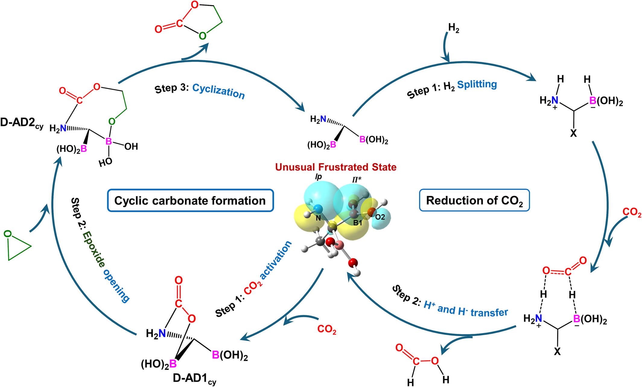 Novel Trifunctional Intramolecular Frustrated Lewis Pair Derived From Aminoboronic Acid for Converting CO2 Into Valuable Chemicals