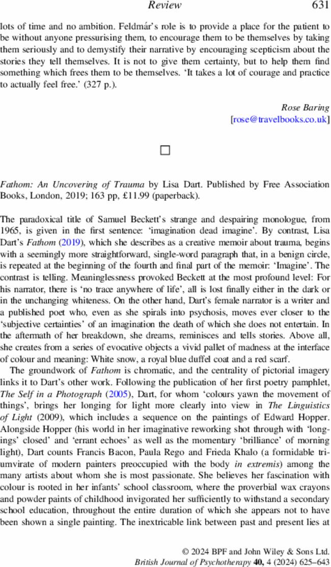 Fathom: An Uncovering of Trauma by  Lisa Dart. Published by Free Association Books, London,  2019;  163 pp, £11.99 (paperback).