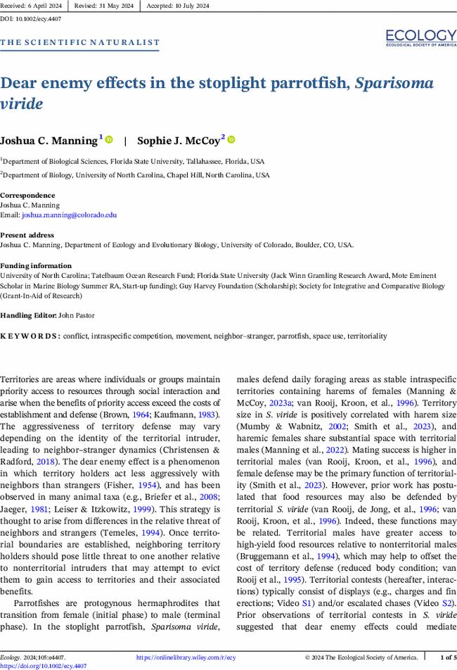 Dear enemy effects in the stoplight parrotfish, Sparisoma viride