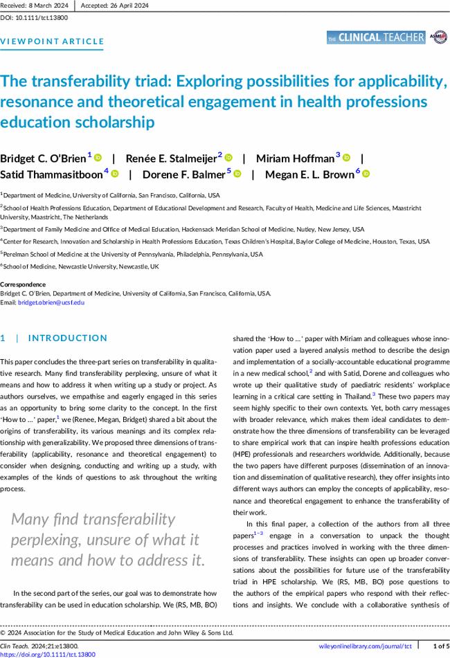 The transferability triad: Exploring possibilities for applicability, resonance and theoretical engagement in health professions education scholarship