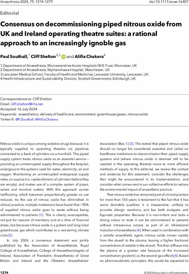 Consensus on decommissioning piped nitrous oxide from UK and Ireland operating theatre suites: a rational approach to an increasingly ignoble gas