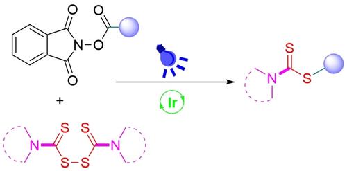 Photoinduced Decarboxylative Thioacylation of N-Hydroxyphthalimide Esters with Tetraalkylthiuram Disulfides