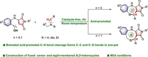 Brønsted Acid Triggers [6/7 + 1] Cascade Cyclization by <i>N</i>-Alkyl Amine C(sp<sup>3</sup>)-N Cleavage: Mild Synthesis of Benzo[1,4]oxazepane and Dihydrobenzo[1,5]oxazocine.