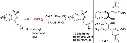 Chiral Binaphthol-Catalyzed Enantioselective Conjugate Addition of Alkenyl and Arylboronic Acids to α,β-Unsaturated Cyclic <i>N</i>-Sulfonyl Ketimines.