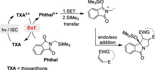 Triplet Energy Transfer (EnT)-Promoted 1,3-Dipolar Cycloaddition Reactions of <i>N</i>-(Trimethylsilyl)methylphthalimide with Electron-Deficient Alkynes and Alkenes.