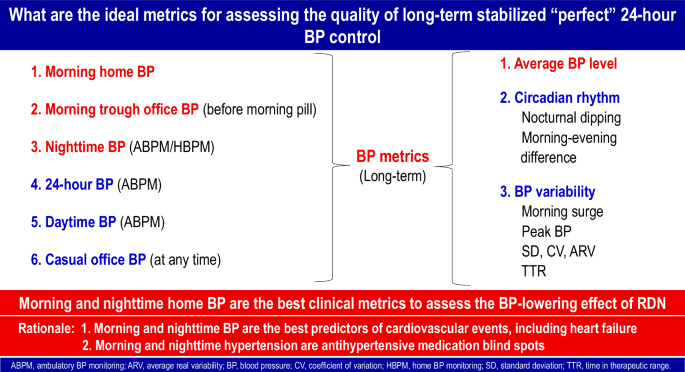 What are the ideal metrics for assessing the quality of long-term stabilized "perfect" 24-h BP control after renal denervation?