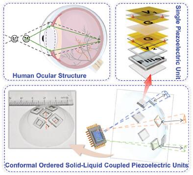 Conformal Ordered Solid–Liquid Coupled Piezoelectric Units for Programmable Adaptive Optics