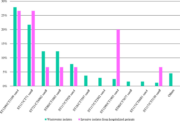 High prevalence of the recently identified clonal lineage ST1299/CT3109 <i>vanA</i> among vancomycin-resistant <i>Enterococcus faecium</i> strains isolated from municipal wastewater.
