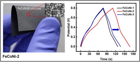 Electrochemical properties of electroless plated FeCoNi on cellulose filter paper