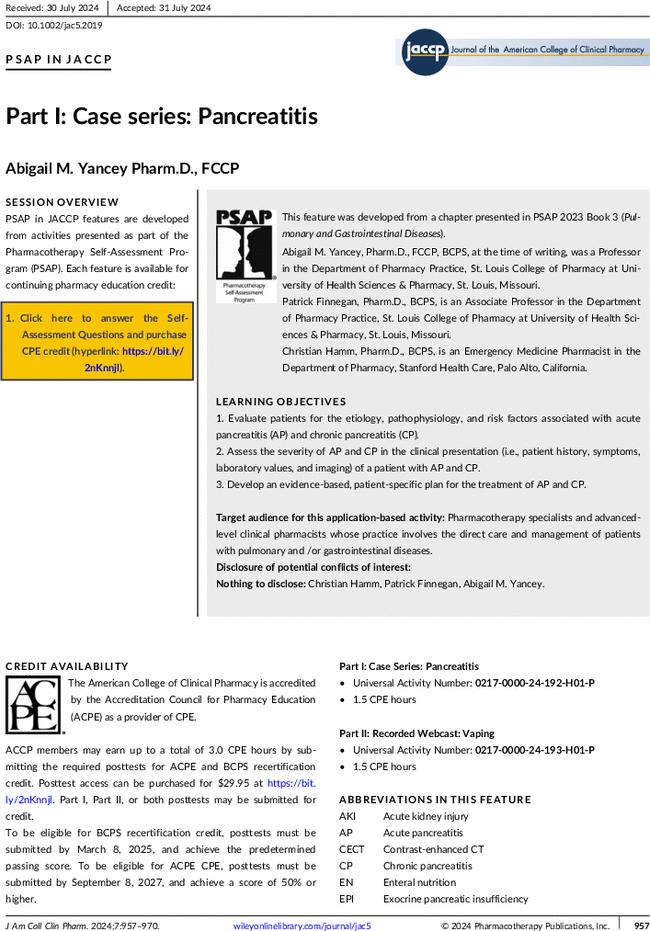 Part I: Case series: Pancreatitis