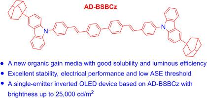 Low amplified spontaneous emission threshold coupled with efficient electroluminescence from a solution-processable bis-stilbene-derived dye