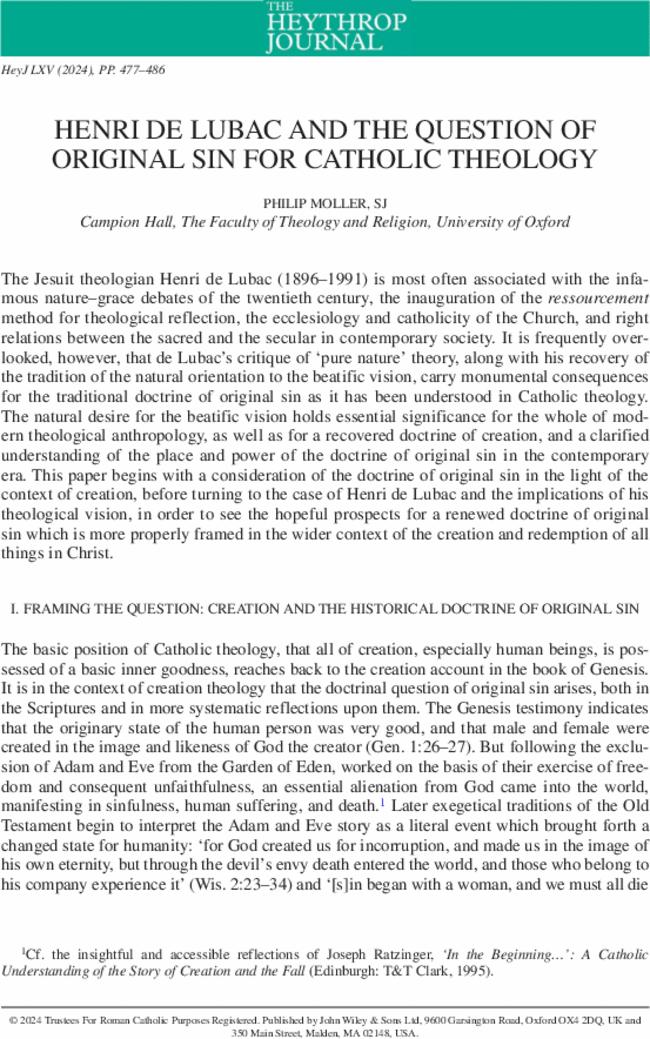 Henri de Lubac and The Question of Original Sin for Catholic Theology