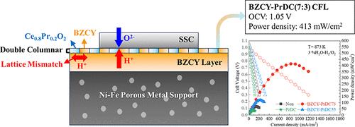 BaZr(Ce,Y)O3-Pr-Doped CeO2 Double Columnar for the Cathodic Functional Layer of Ni–Fe Metal-Supported Protonic Ceramic Fuel Cells