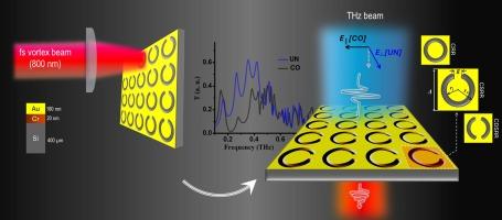 Femtosecond laser direct writing of complementary THz metasurfaces using a structured vortex beam