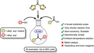 Carbonyldiimidazole (CDI) promoted direct and instantaneous thio-esterification of a carboxylic acid and thiol at ambient temperature†
