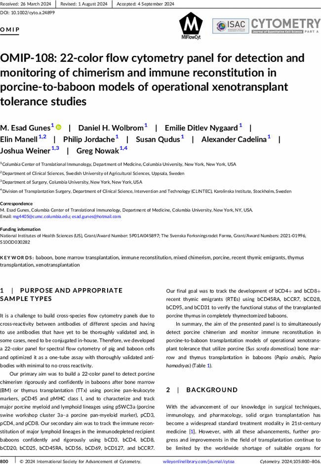 OMIP-108: 22-color flow cytometry panel for detection and monitoring of chimerism and immune reconstitution in porcine-to-baboon models of operational xenotransplant tolerance studies