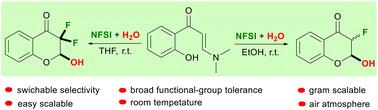 Solvent dependent fluorinative cyclizations of o-hydroxy-arylenaminones promoted by H2O and NFSI: switchable access to di- and monofluorinated 2-hydroxyl chromanones†