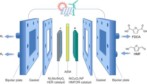 5-Hydroxymethylfurfural Oxidation in Scaled Anion Exchange Membrane Electrolyzer with NiCuOx Catalyst