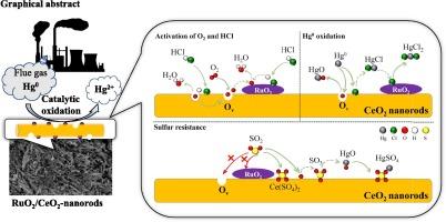 Synergistic improvement of RuO2/CeO2 catalysts on Hg0 oxidation from SO2-containing flue gas: A theoretical and experimental study