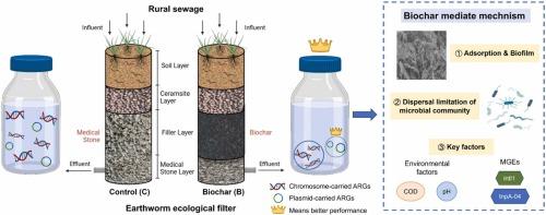 Biochar reduces plasmid-mediated antibiotic resistance gene transfer in earthworm ecological filters for rural sewage treatment