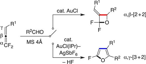 Gold(I)-Catalyzed [2 + 2] and [3 + 2] Cycloadditions of 1,1-Difluoroallenes with Aldehydes: Switchable Syntheses of Fluorinated Oxetanes and Furans