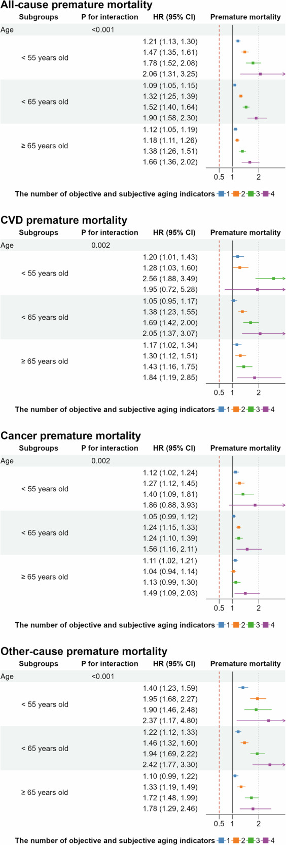 Joint association of objective and subjective aging with premature mortality.