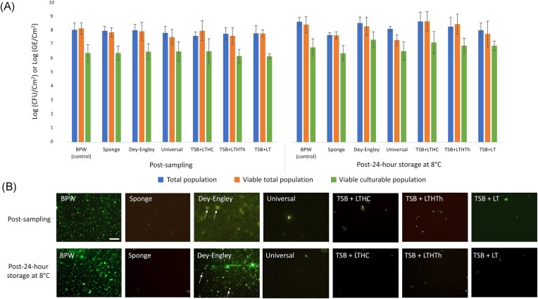 Impact of disinfectant-neutralizing buffers used for sampling methods on the viability of adherent Listeria monocytogenes cells on surfaces.