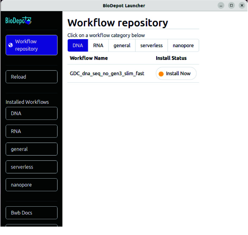Biodepot Launcher: an app to install, manage and launch bioinformatics workflows.