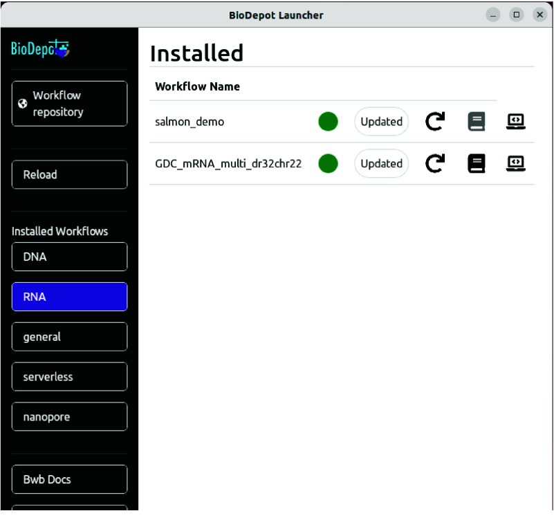 Biodepot Launcher: an app to install, manage and launch bioinformatics workflows.