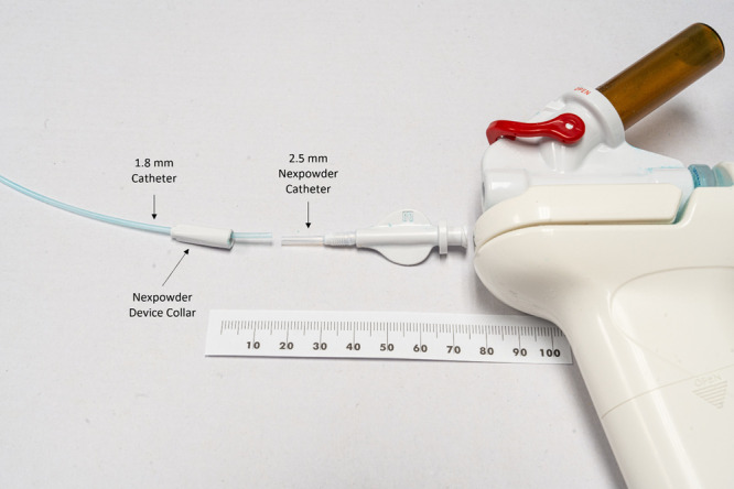 Modification of a hemostatic powder spray device for delivery through an incompatible endoscope.