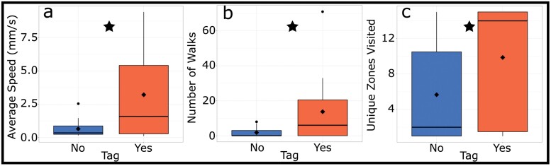 Measuring the effect of RFID and marker recognition tags on cockroach (Blattodea: Blaberidae) behavior using AI-aided tracking.
