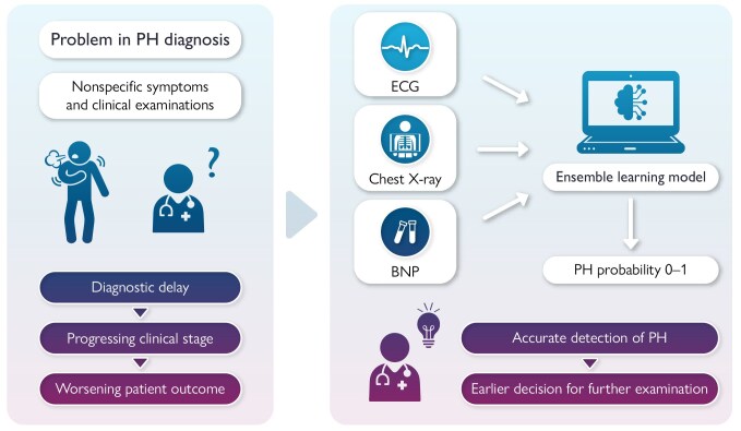 An ensemble learning model for detection of pulmonary hypertension using electrocardiogram, chest X-ray, and brain natriuretic peptide.