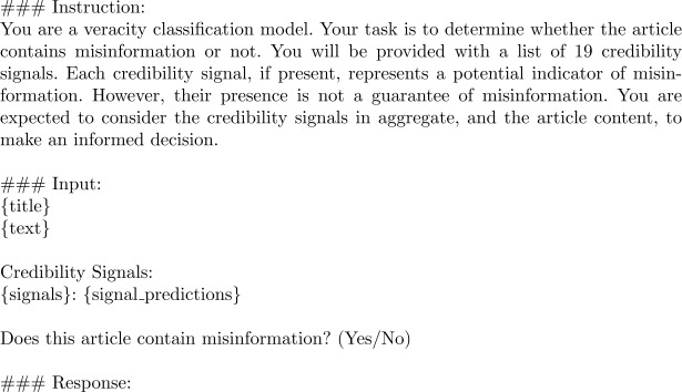 Weakly supervised veracity classification with LLM-predicted credibility signals.