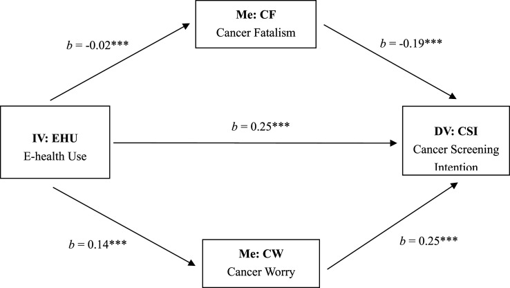 Effect of E-Health Use on Cancer Screening Mediated Through Cancer Worry and Fatalism: A Cross-Sectional Study of Older Adults.