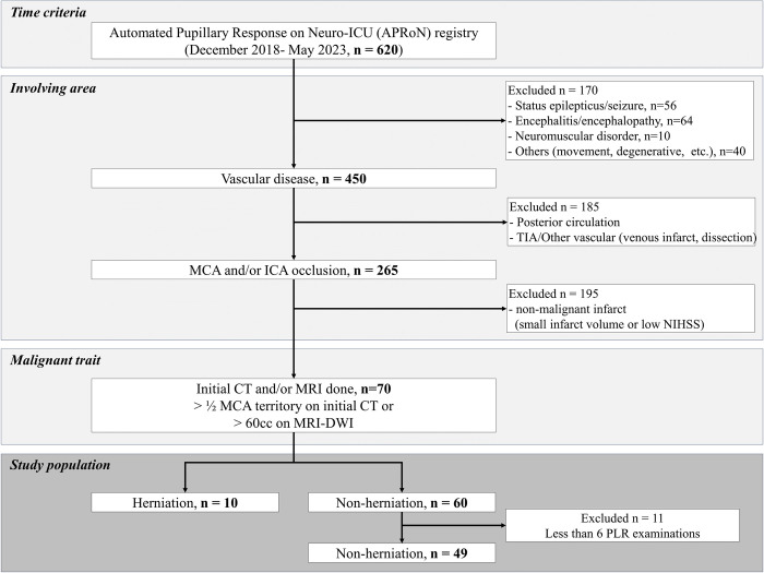 Automated quantitative pupillometry as a predictor for transtentorial brain herniation in patients with malignant acute ischemic stroke.