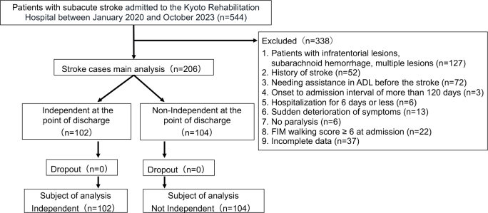 Characteristics of subacute stroke patients who achieve earlier independence in real-life walking performance during hospitalization.