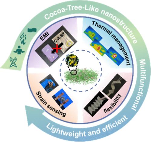 Flexible and Lightweight Nanocomposite Film with a Cocoa-tree-like Structure for Electromagnetic Interference Shielding, Strain Sensing, and Thermal Management