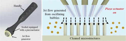 Jet Flow Focusing-Assisted Damage-Free Cleaning of Microstructures by Acoustically Oscillating Bubbles in a Commercial Fluoropolymer Tube Array