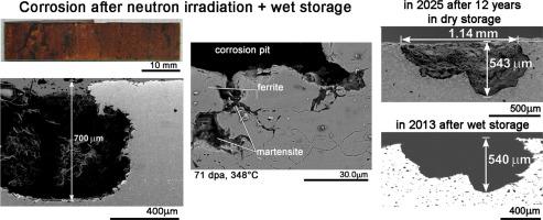 Corrosion of EP-450 ferritic-martensitic steel after neutron irradiation and long-term storage in spent fuel pool