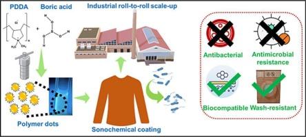 From lab to pilot: sonochemical coating of PDDA-based polymer dots for scalable, wash-durable antibacterial textiles