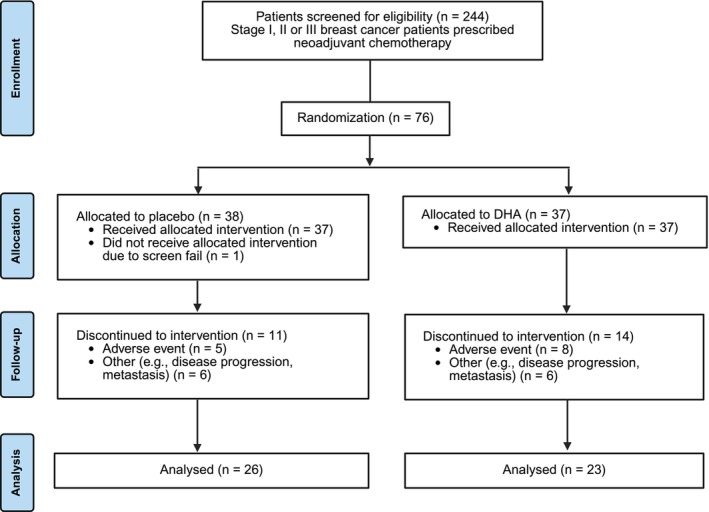 Safety and efficacy of docosahexaenoic acid supplementation during neoadjuvant breast cancer therapy: Findings from the phase II, double-blind, randomized controlled DHA-WIN trial.