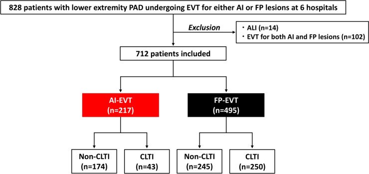 Comparable clinical characteristics and outcomes of patients undergoing endovascular treatment for aorto-iliac or femoropopliteal lesions.