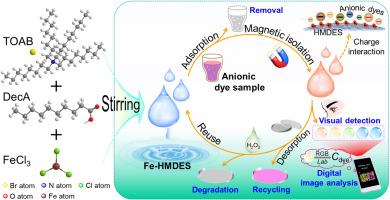Hydrophobic magnetic deep eutectic solvents: An all-in-one platform for fast visualization, removal, recycle and degradation of anionic dyes