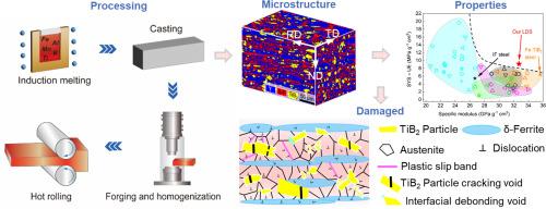 Low-density and high-modulus steel achieved by hypereutectic TiB2 and high Al ferrite phase