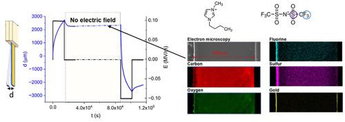 Remanent deformation and local stiffening induced by electric field in low glass transition epoxy-amine polymer network doped with ionic liquid