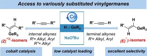 Cobalt-driven selective hydrogermylation of terminal and internal alkynes