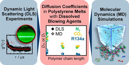 Fick Diffusion Coefficients of Polystyrene Oligomers with Dissolved Blowing Agents by Dynamic Light Scattering and Molecular Dynamics Simulations
