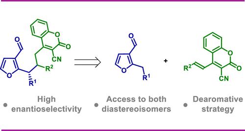 Aminocatalytic 1,6-Addition of 2-Benzyl-3-furaldehyde to 3-Cyano-4-styrylcoumarins: A Dearomative Approach for the Synthesis of Furan–Coumarin Hybrids